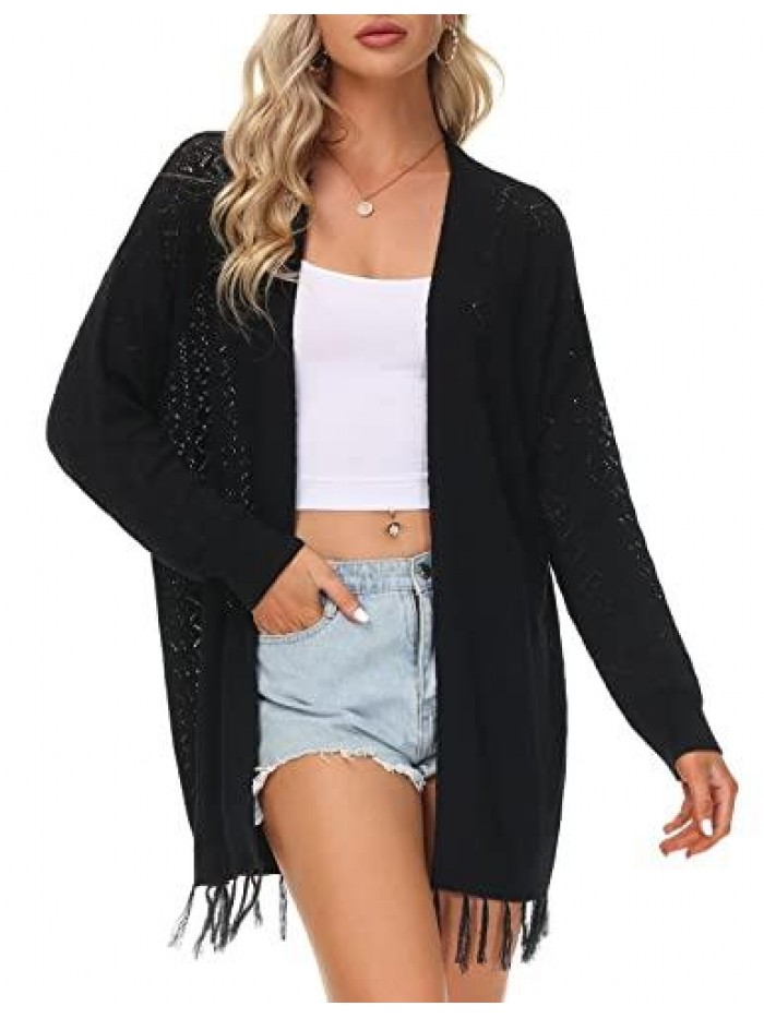 Lightweight Summer Cardigan Long Sleeve Spring Netted Crochet Knit Cardigans Tassel Sweaters 