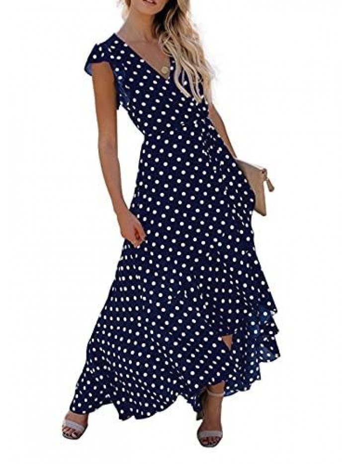 Women's Summer Floral Print Cross V Neck Dress Bohemian Flowy Long Maxi Dresses 