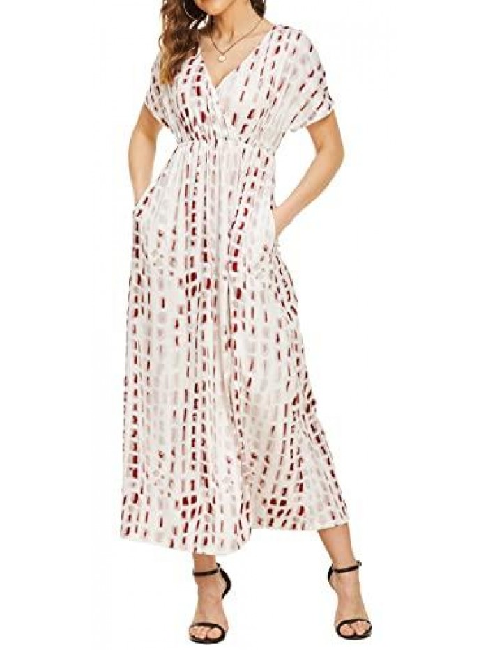 Women's Summer Casual Floral Dress V-Neck Short Sleeve Long Maxi Dress with Pockets 