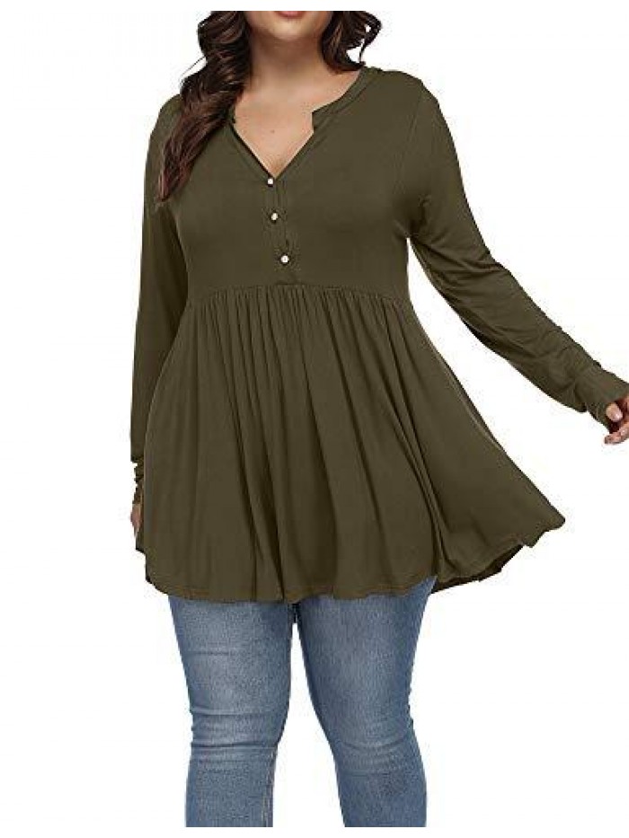 Women's Plus Size Henley V Neck Button Tunic Tops Long sleeve Swing Flowy Shirts 