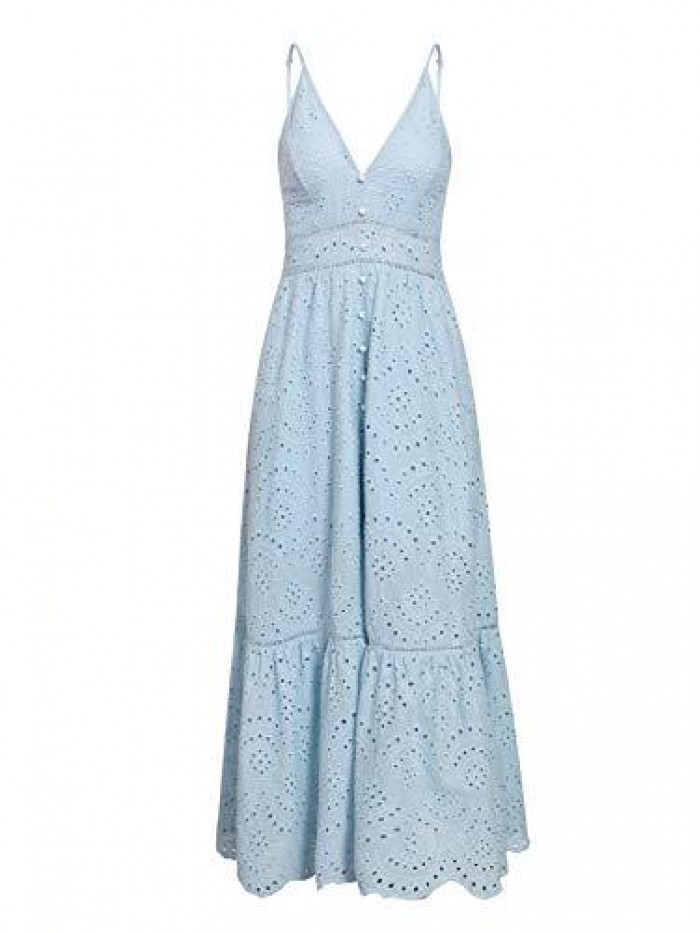 Women's Embroidery Pearl Button Down Dress V Neck Spaghetti Strap Maxi Dress 