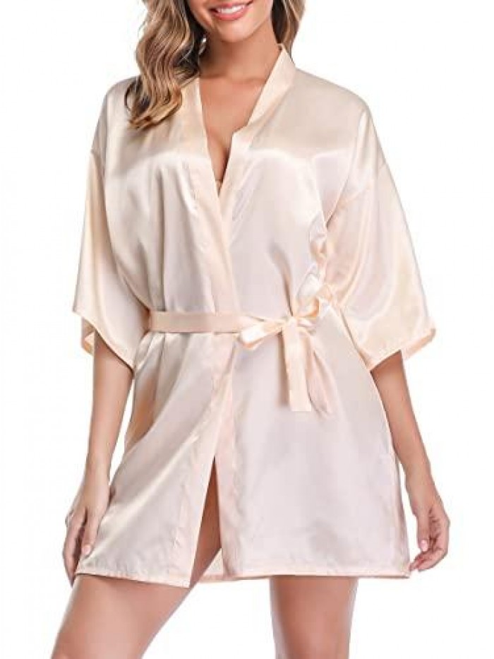 Women's Kimono Robes Short Satin Pure Color Bridal Party Robe with Oblique V-Neck 