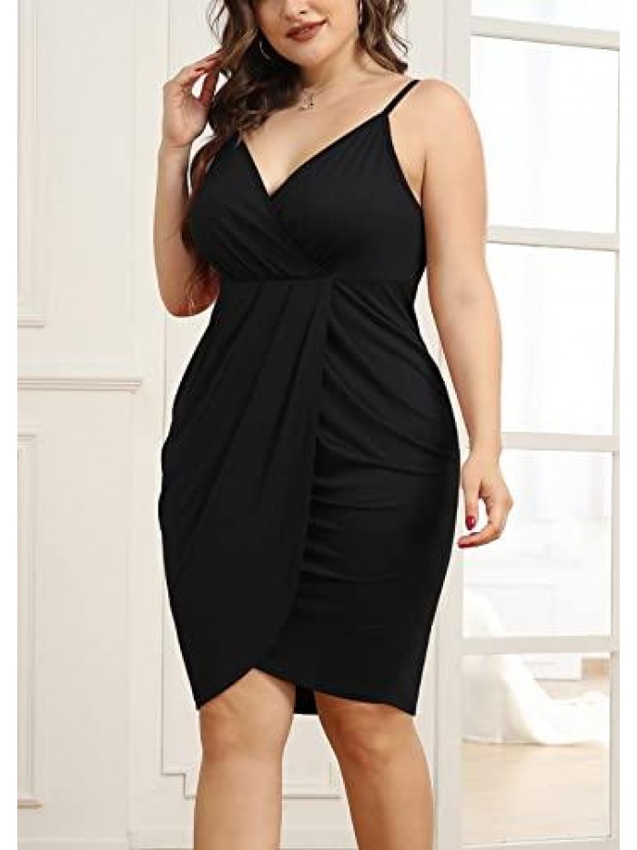 Womens Plus Size Sling Sexy Deep V Neck Bodycon Wrap Dress with Front Slit 