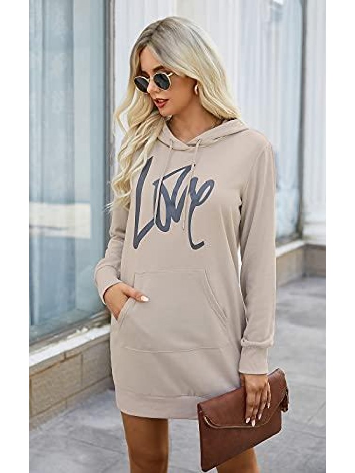 Women's Hooded Sweatshirt Drawstring Lightweight Long Sleeve Pullover Hoodie Dress 