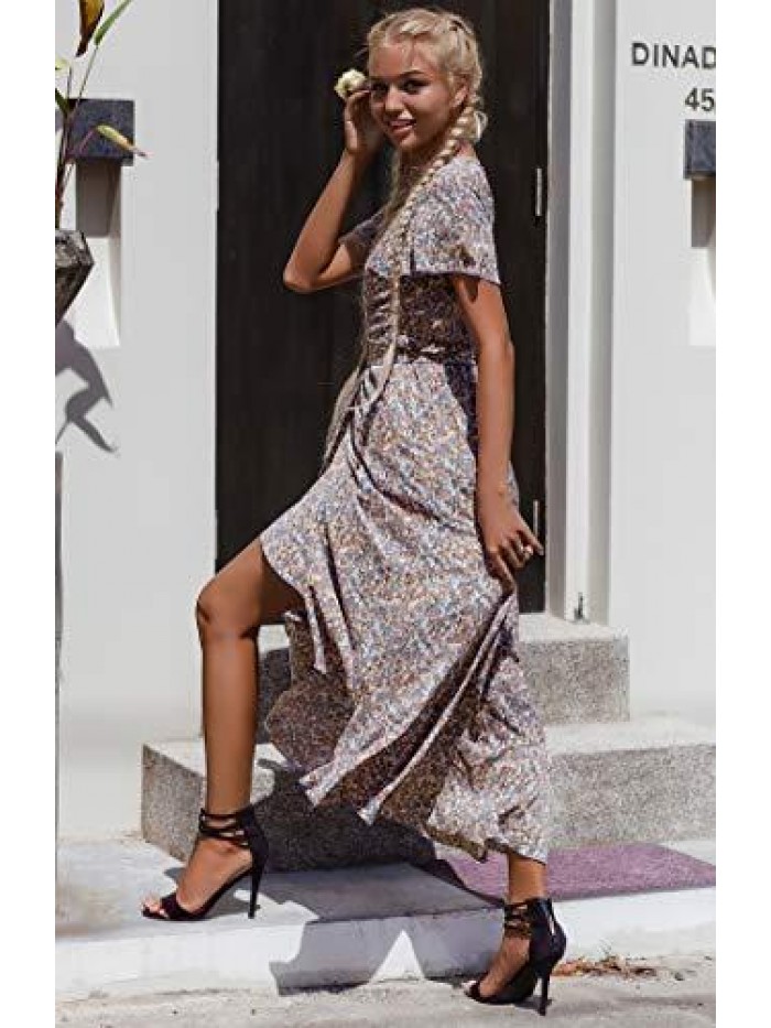 Women's Boho V Neck Ruffle Floral Wrap Maxi Dress 