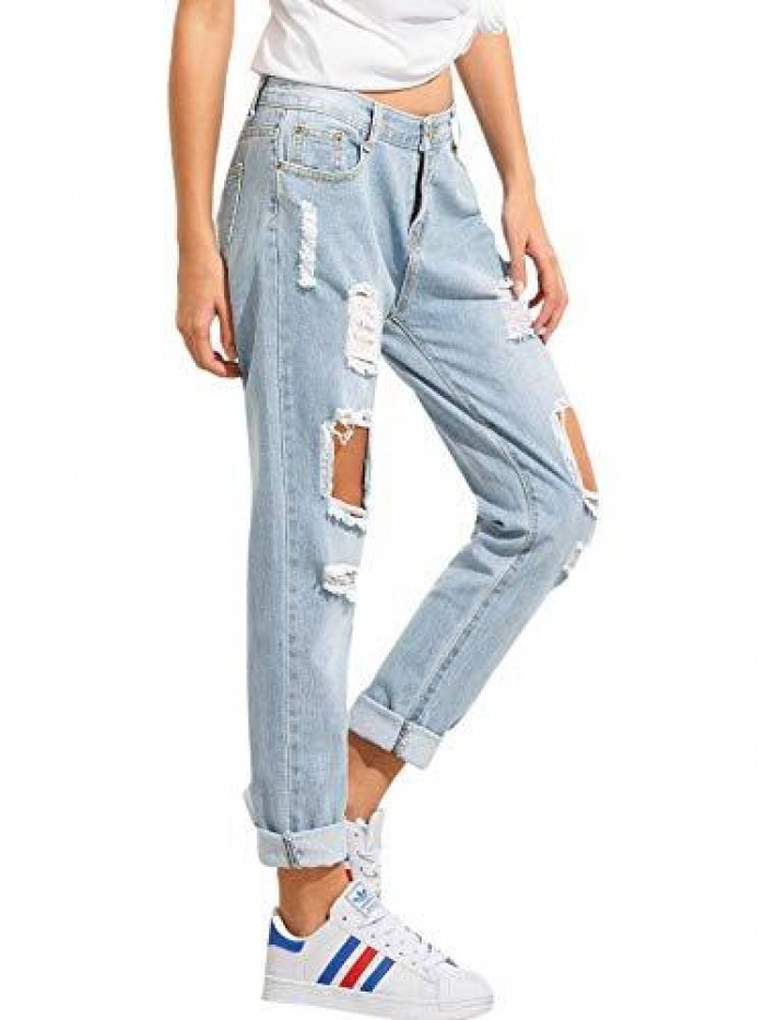 Women's Ripped Boyfriend Jeans Distressed Denim Ankle Length Jeans 