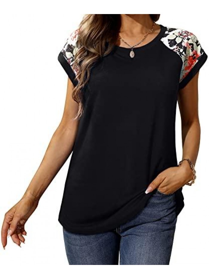 Womens Summer Tops Cap Sleeve Floral Print Loose Fitting Tunic Shirts 