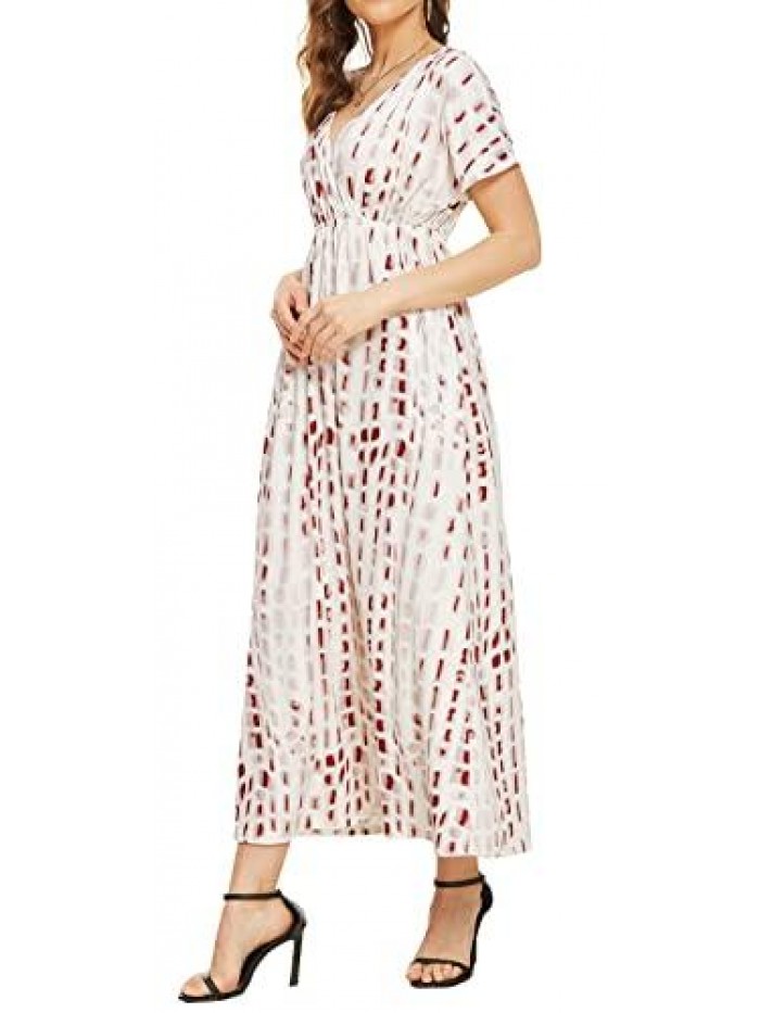 Women's Summer Casual Floral Dress V-Neck Short Sleeve Long Maxi Dress with Pockets 