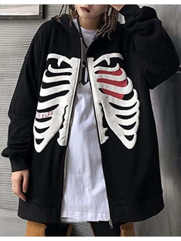 Women Oversized Zip Up Hoodie Fashion Long Sleeve Graphic Skeleton Sweatshirt Cool Outwear 