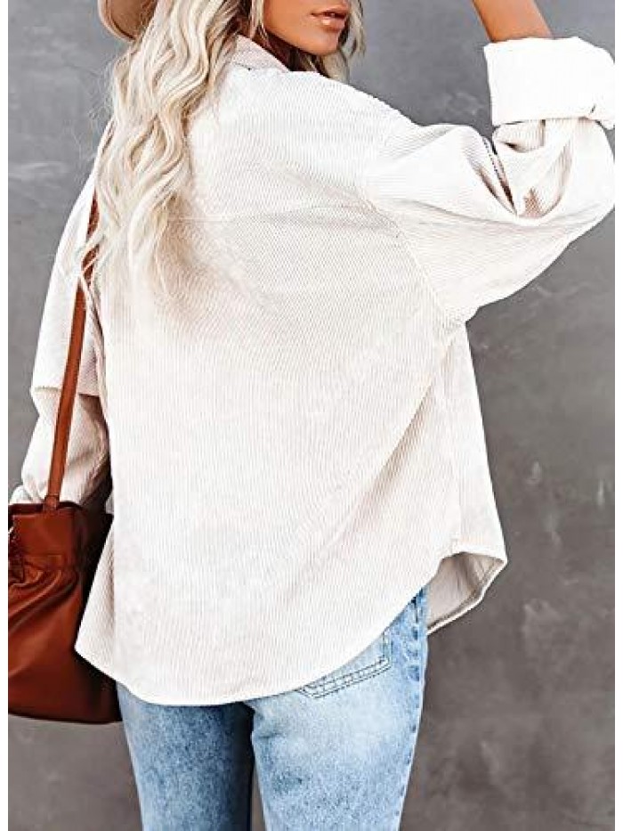 Women Corduroy Shirts Casual Long Sleeve Button Down Blouses Top 