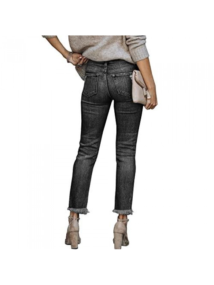 Womens Ripped Boyfriend Jeans high Waisted Straight Leg Distressed Stretch Denim Ankle Pants 