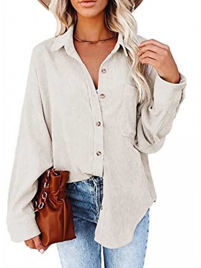 Women Corduroy Shirts Casual Long Sleeve Button Down Blouses Top 