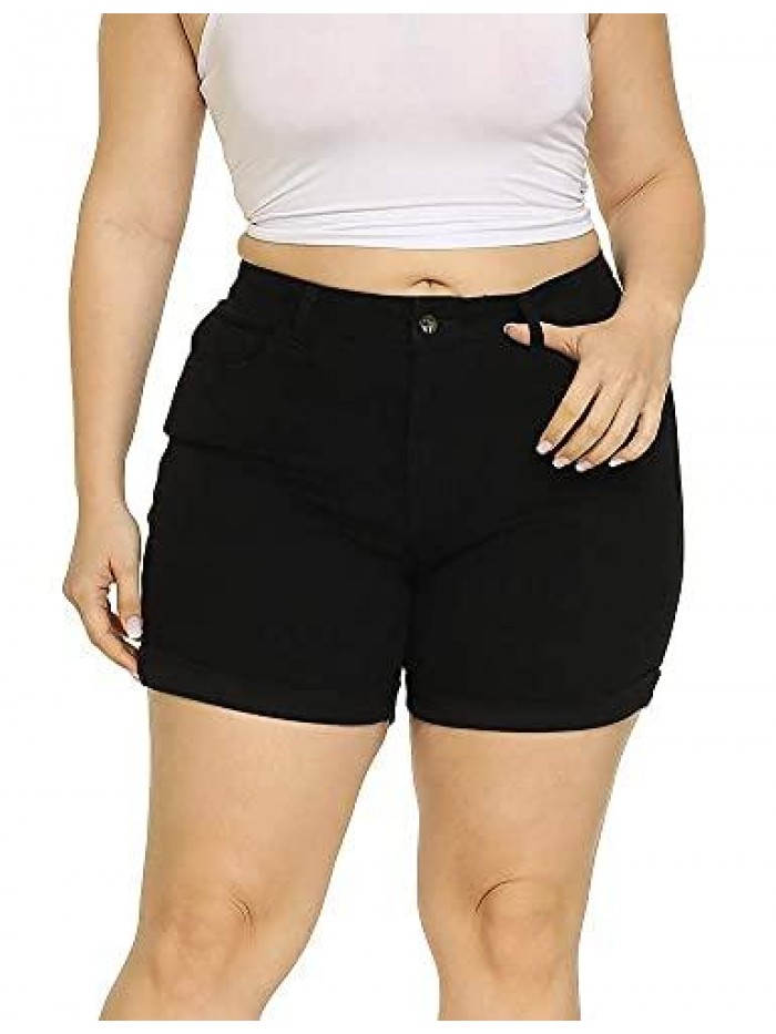 Plus Size Denim Shorts Women High Waisted Ripped Folded Hem Jean Shorts 