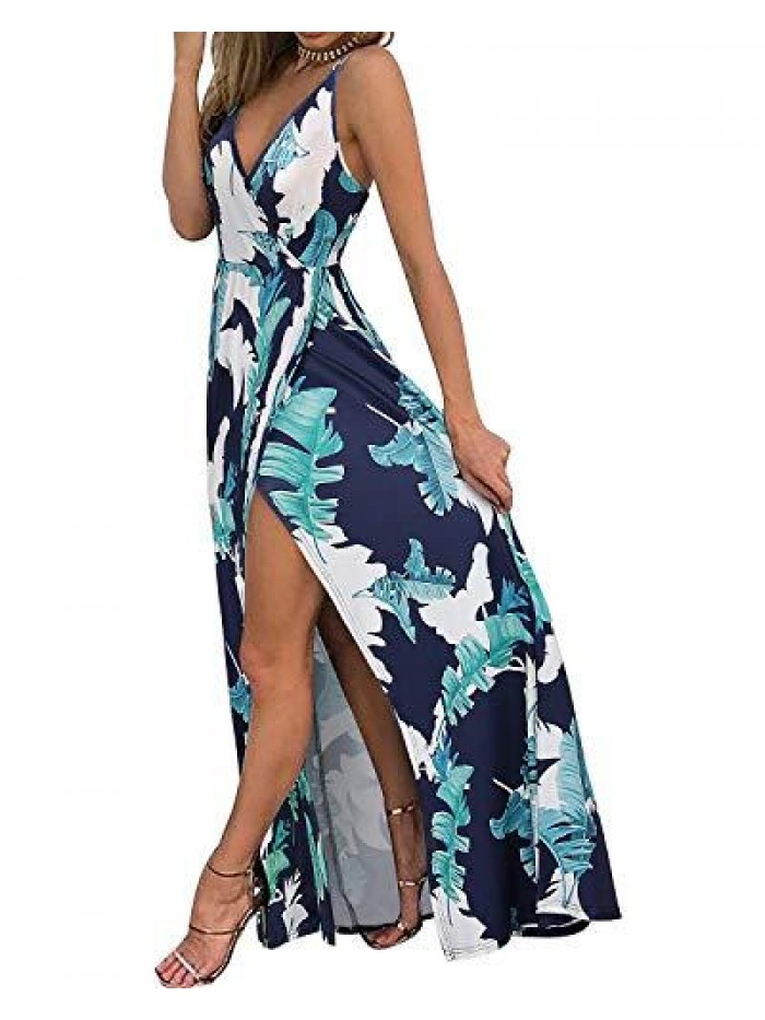 ININ Women's Deep V-Neck Casual Dress Summer Backless Floral Print/Solid Split Maxi Dress for Beach Party 