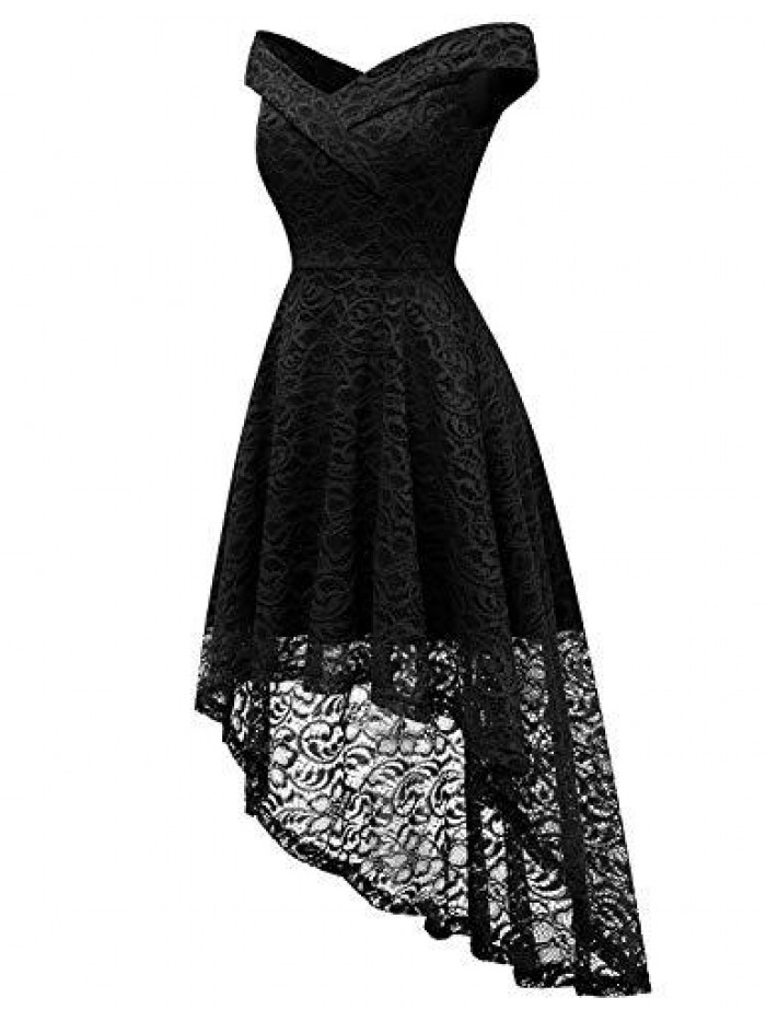Women's Elegant Lace Floral Dress for Wedding Guest Off The Shoulder High Low Dresses for Cocktail for Party 