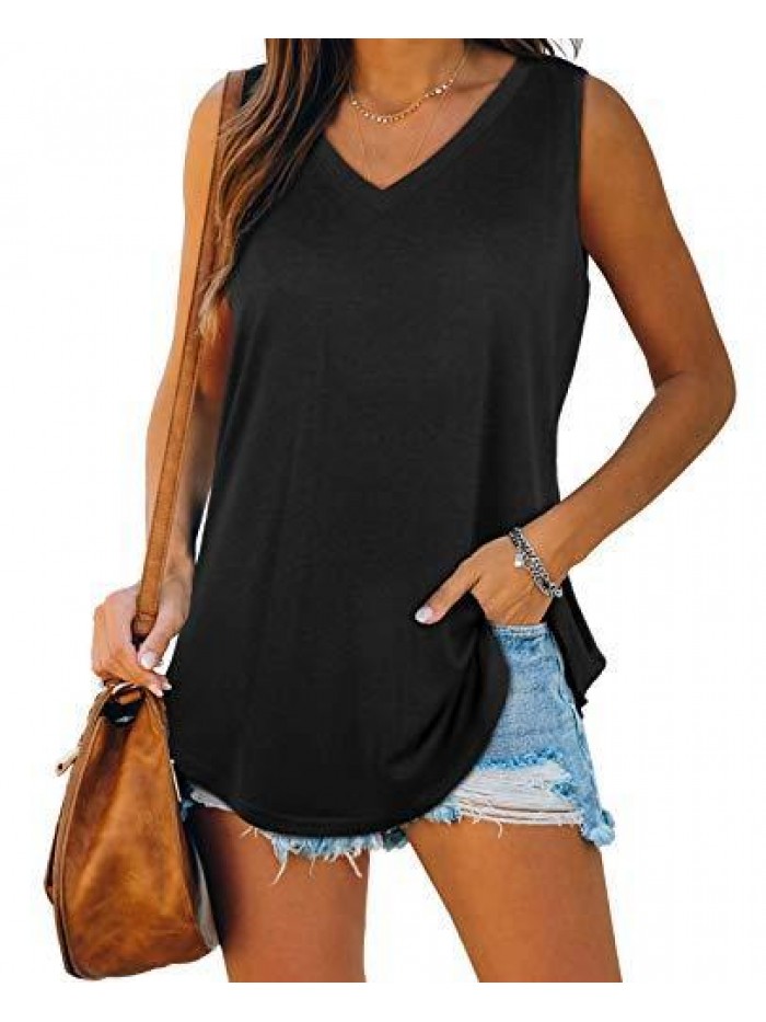 Womens Tank Tops V Neck Basic Solid Color Casual Flowy Summer Sleeveless 