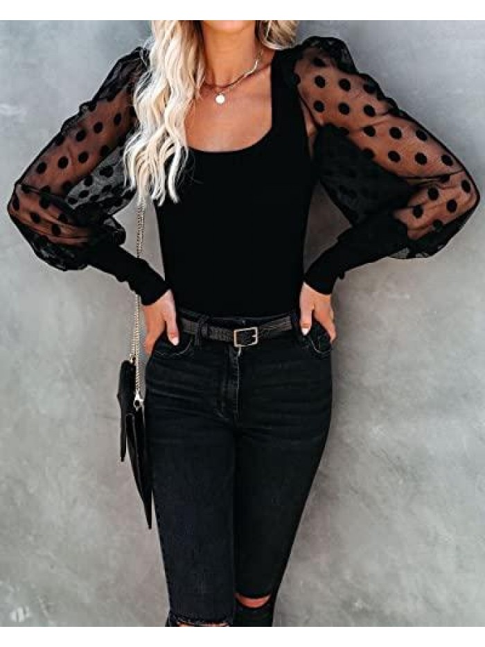 Womens Round Neck Polka Dot Mesh Lace Long Sleeve T Shirts Crewneck Puff Sleeve Tops Blouses 