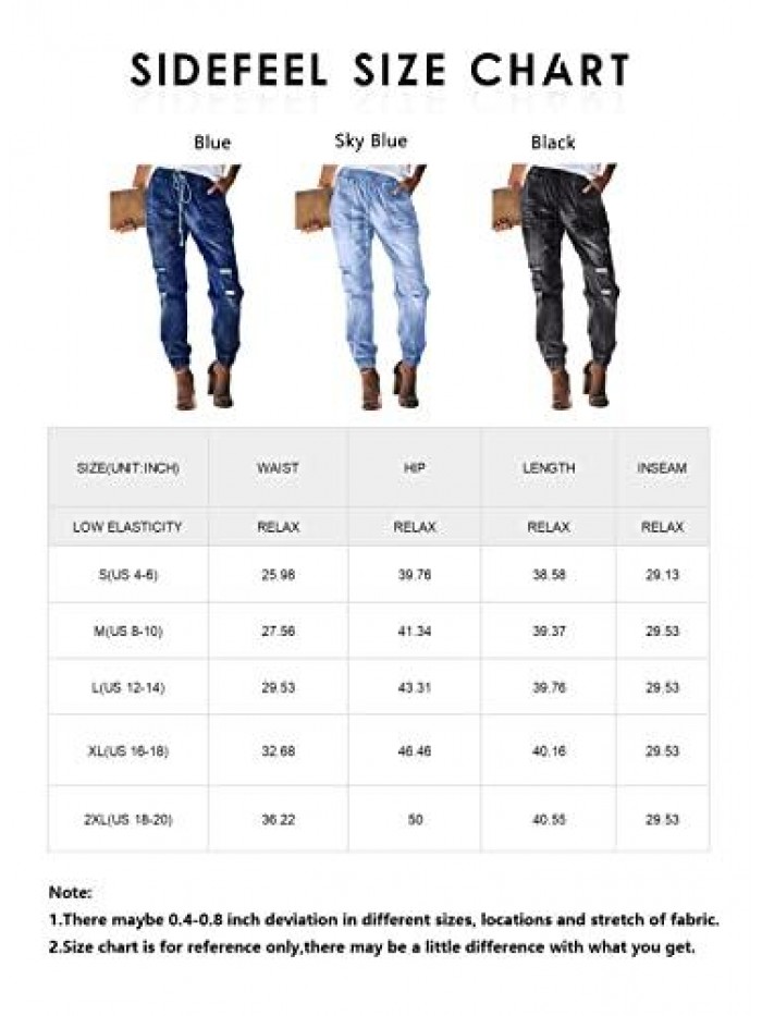 Women Pull-on Distressed Denim Joggers Elastic Waist Stretch Pants 