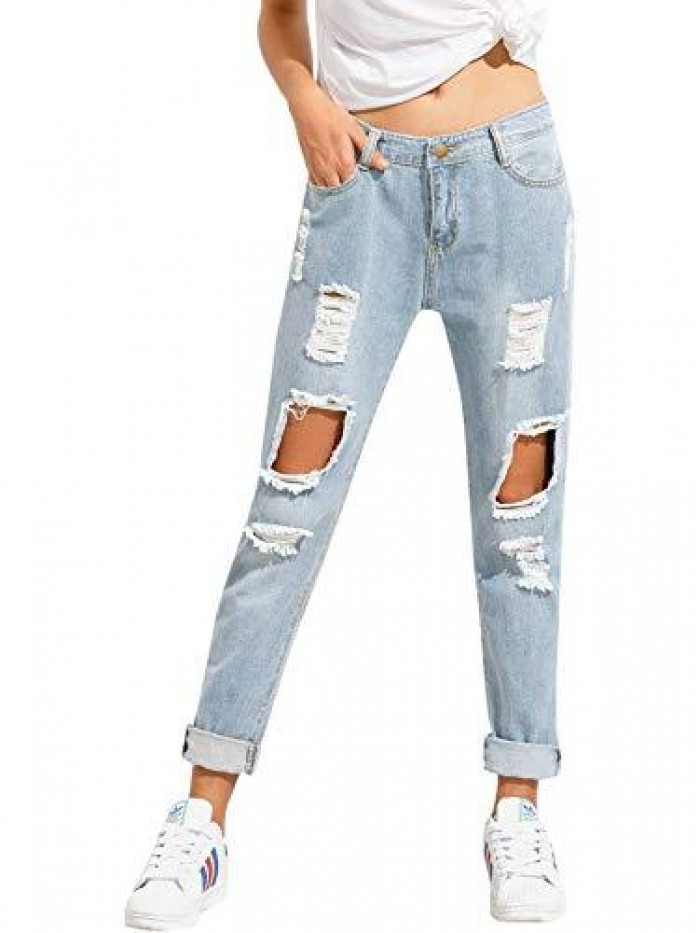 Women's Ripped Boyfriend Jeans Distressed Denim Ankle Length Jeans 