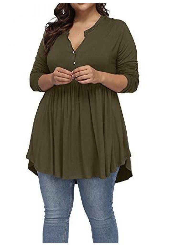 Women's Plus Size Henley V Neck Button Tunic Tops Long sleeve Swing Flowy Shirts 