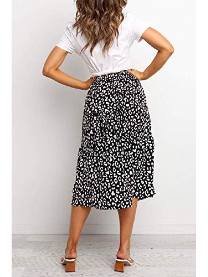 Women's Boho Leopard Print Skirt Pleated A-Line Swing Midi Skirts 