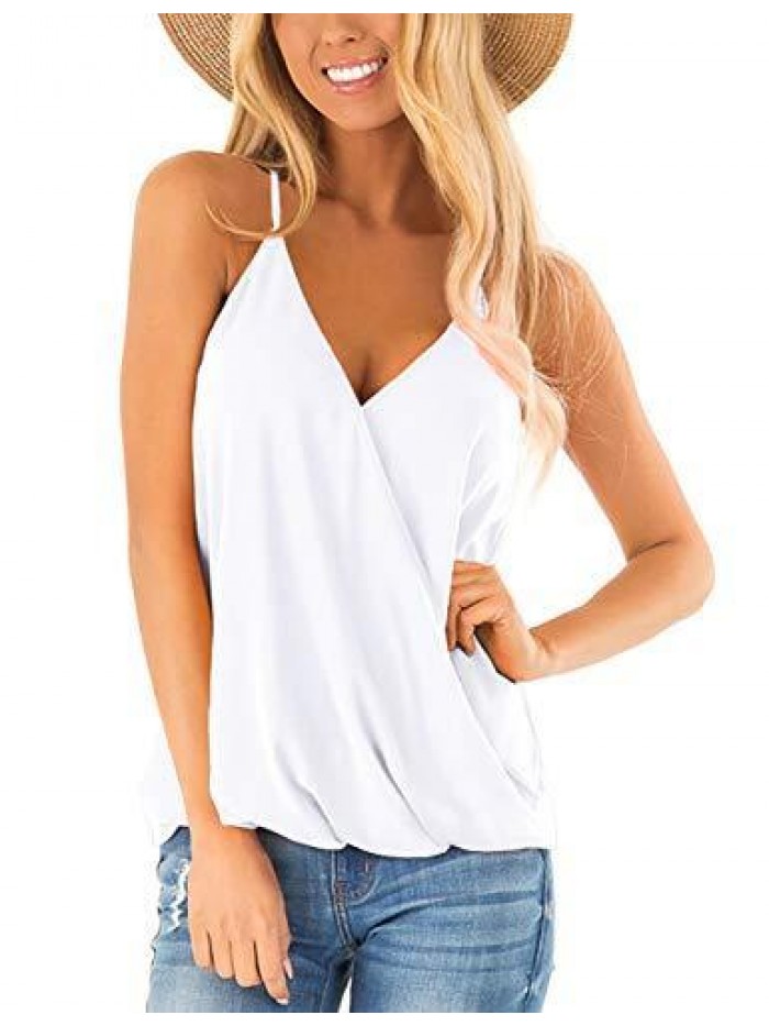 Womens Deep V Neck Wrap Spaghetti Strap Tank Tops Summer Sleeveless Shirts Blouses 