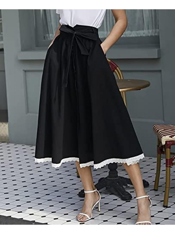 Victorian Skirts with Button Vintage High Waist A-Line Midi Skirts with Pockets & Belts 