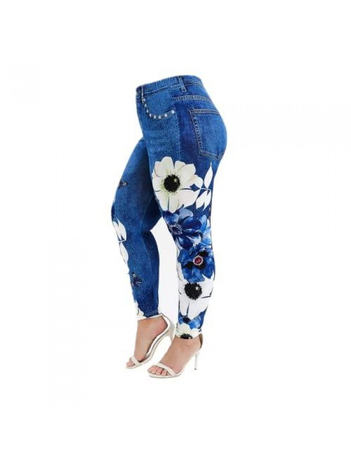 Leggings for Women Floral Denim Print Plus Size Yoga Pants Stretch Jean High Waist Fake Jeans Tights Jeggings Pants 