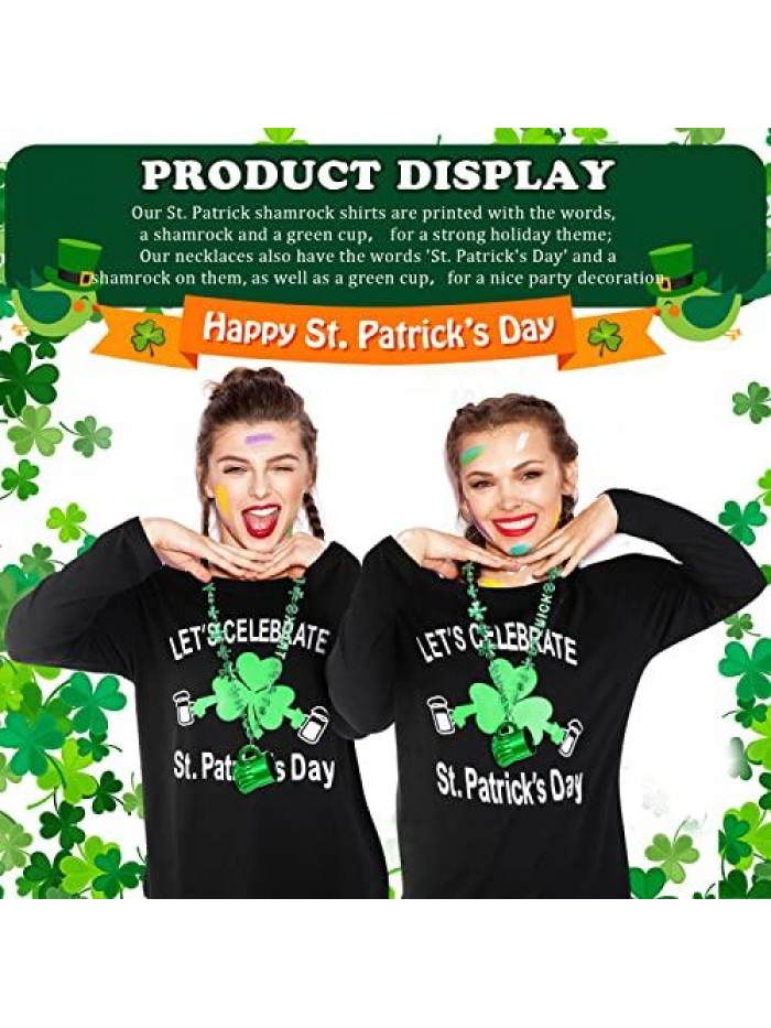 2 Pcs Women's St Patricks Day Sweatshirt Shamrock Irish Long Sleeve Off Shoulder Flowy T Shirt with Necklace 