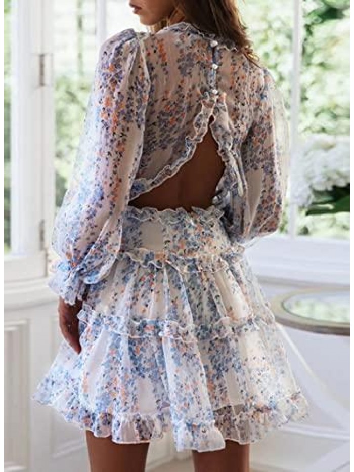 Womens Spring Summer Deep V Neck Ruffle Long Sleeve Floral Print Mini Dress 