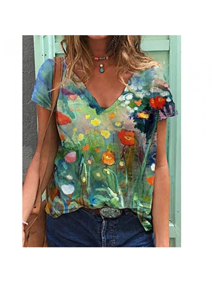 Floral Print Tie Dye Shirts Summer Short Sleeve V Neck Loose Graphic Tees Tops Rainbow Gradient T Shirt 