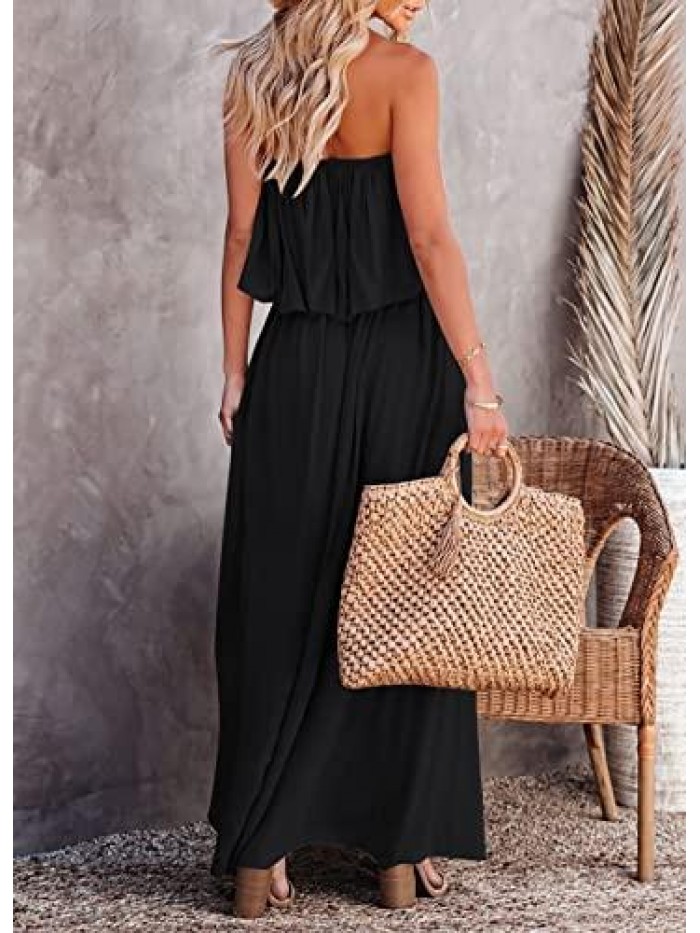 Women’s Summer Off Shoulder Ruffle Maxi Dress Strapless Split Long Party Beach Dress 