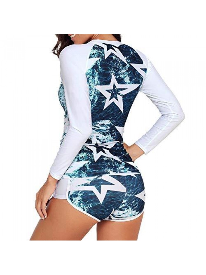 Womens Two Piece Swimsuits Long Sleeve Rashguard Shirt Athletic Tankini Set Bathing Suit Rash Guards A Blue White Star 6-8 