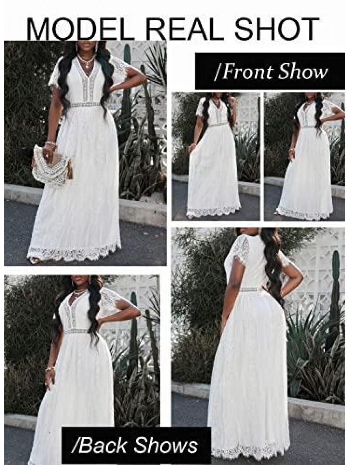 Womens Casual Boho Floral Lace V Neck Long Evening Dress Cocktail Party Maxi Wedding Dresses 