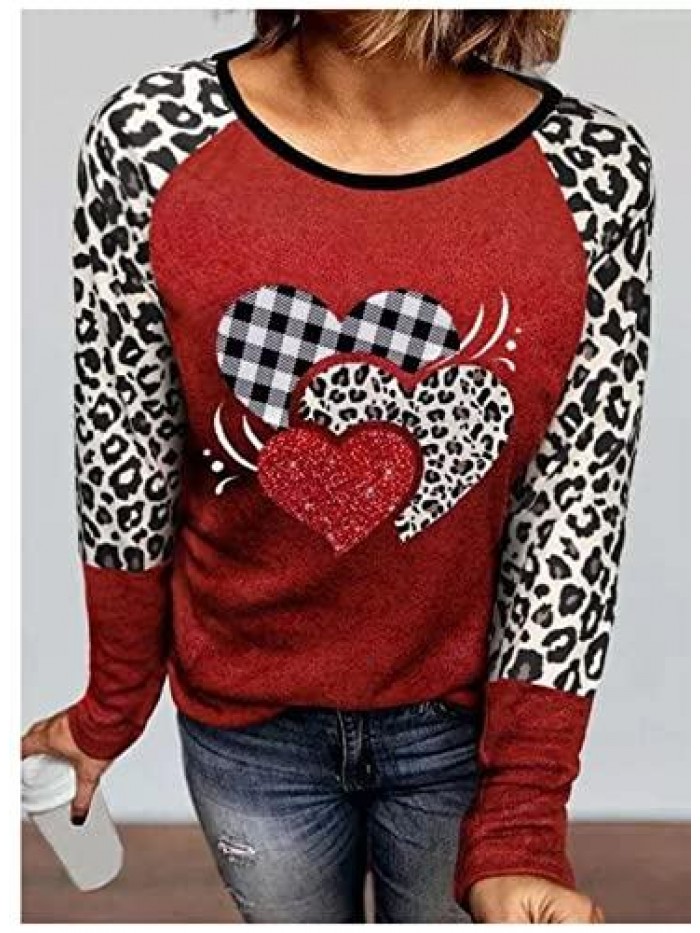 Leopard Plaid Heart Shirt Blouses for Women Color Block Splicing Long Sleeve Tshirt Valentine's Day Gift Tops 