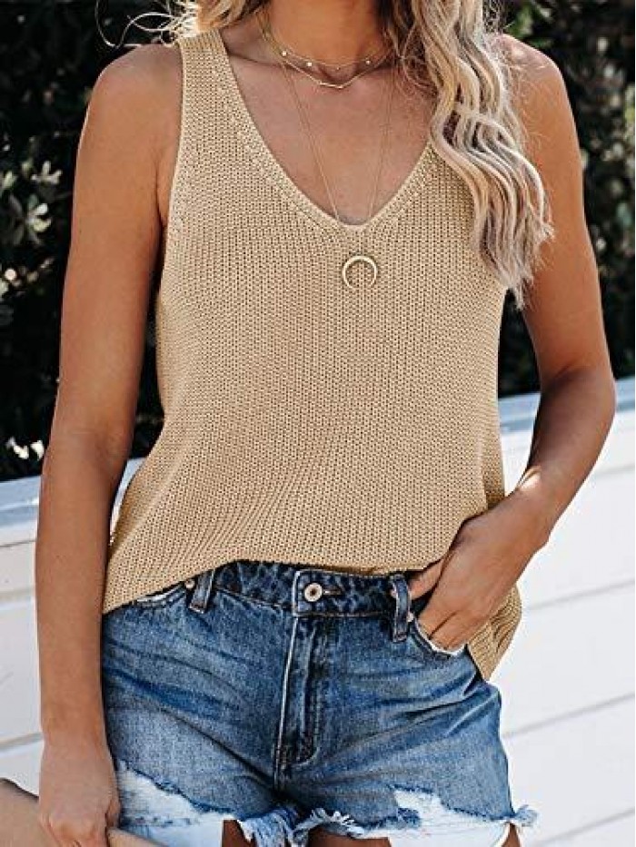 Womens Sleeveless V Neck Sweater Vest Summer Fall Knitted Loose Cami Tank Tops 