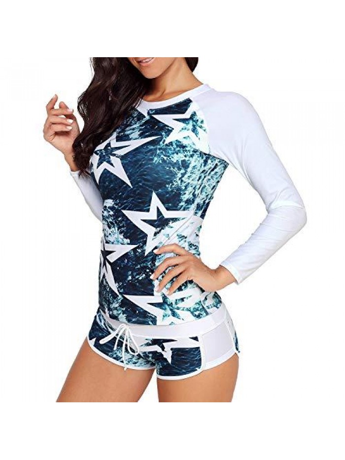 Womens Two Piece Swimsuits Long Sleeve Rashguard Shirt Athletic Tankini Set Bathing Suit Rash Guards A Blue White Star 6-8 