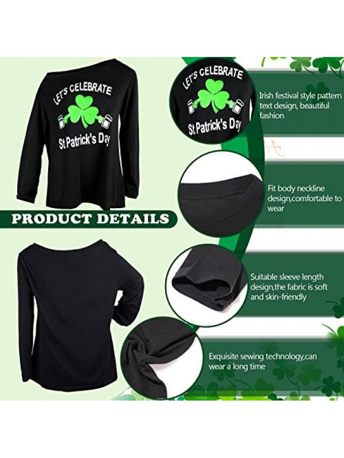 2 Pcs Women's St Patricks Day Sweatshirt Shamrock Irish Long Sleeve Off Shoulder Flowy T Shirt with Necklace 