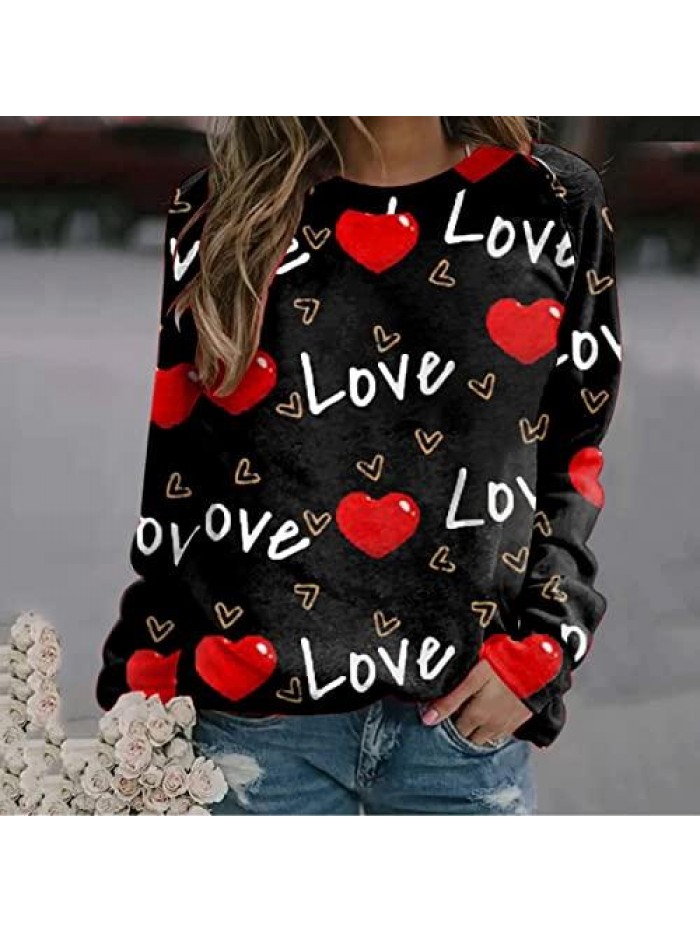 Valentine's Day Sweatshirts Long Sleeve Love Heart Printed Tshirt Casual Loose Crewneck Holiday Pullover Tops 