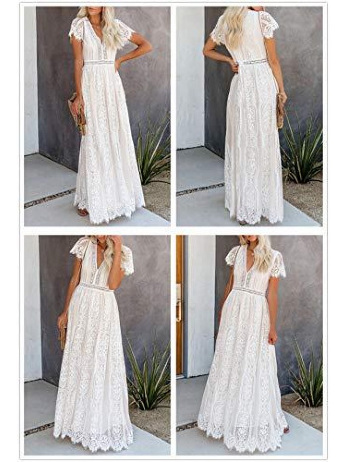 Womens Casual Boho Floral Lace V Neck Long Evening Dress Cocktail Party Maxi Wedding Dresses 