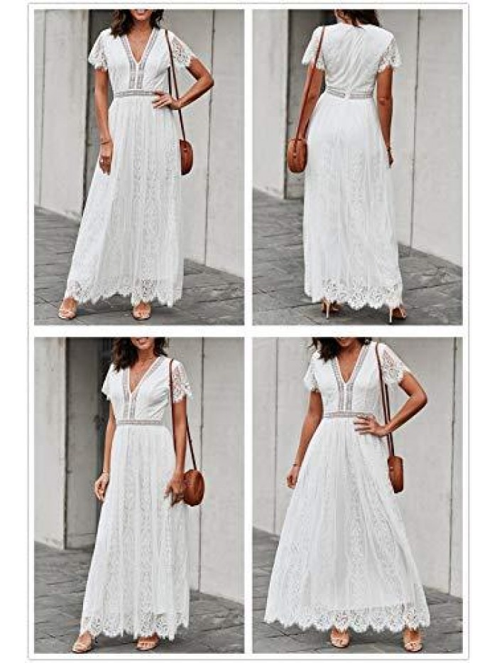 Womens Casual Boho Floral Lace V Neck Long Evening Dress Cocktail Party Maxi Wedding Dresses 