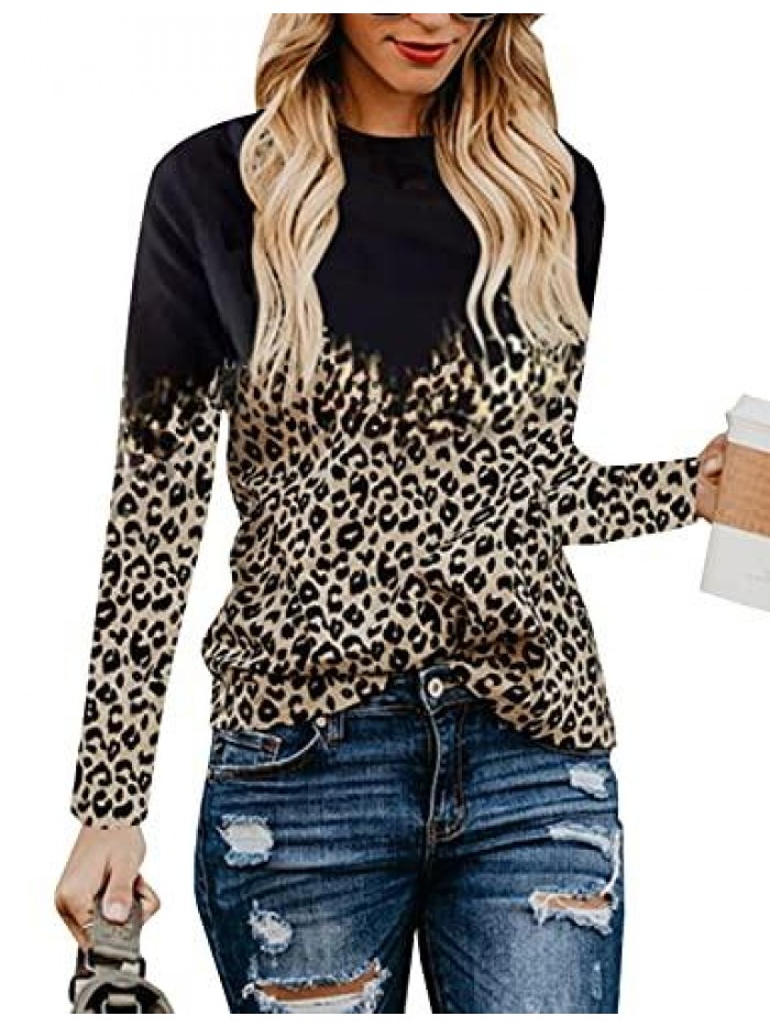 Jelly Womens Leopard Print Tops Long Sleeve Crewneck Color Block Casual T-Shirts Tee 