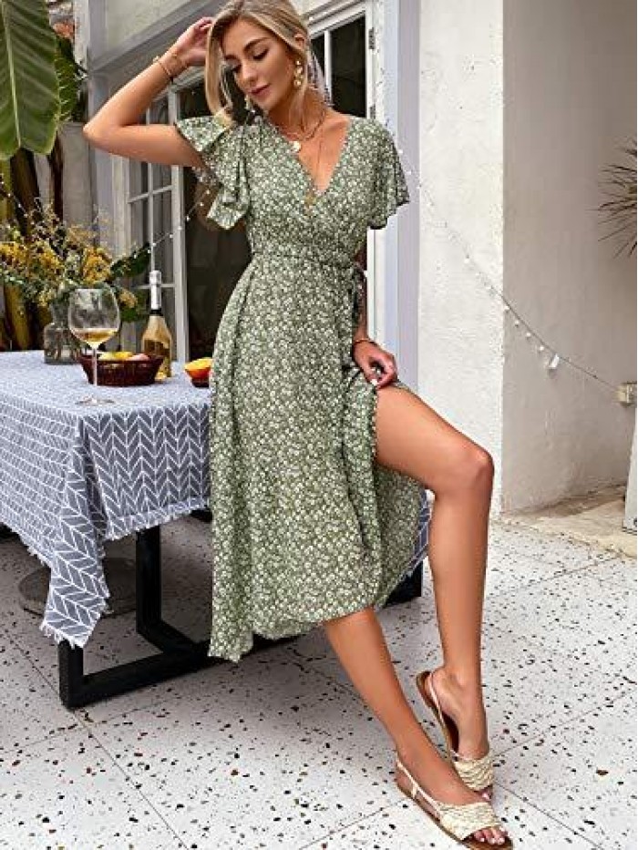 Women's Boho V Neck Floral Chiffon Dress Backless Beach Split Maxi Dress with Belt 