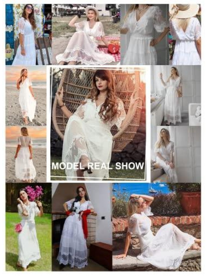Women's V Neck Floral Lace Wedding Dress Short Sleeve Bridesmaid Evening Party Maxi Dress 