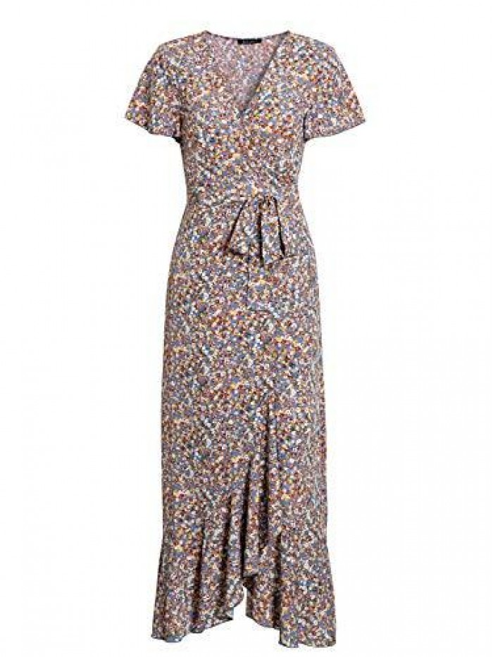 Women's Boho V Neck Ruffle Floral Wrap Maxi Dress 