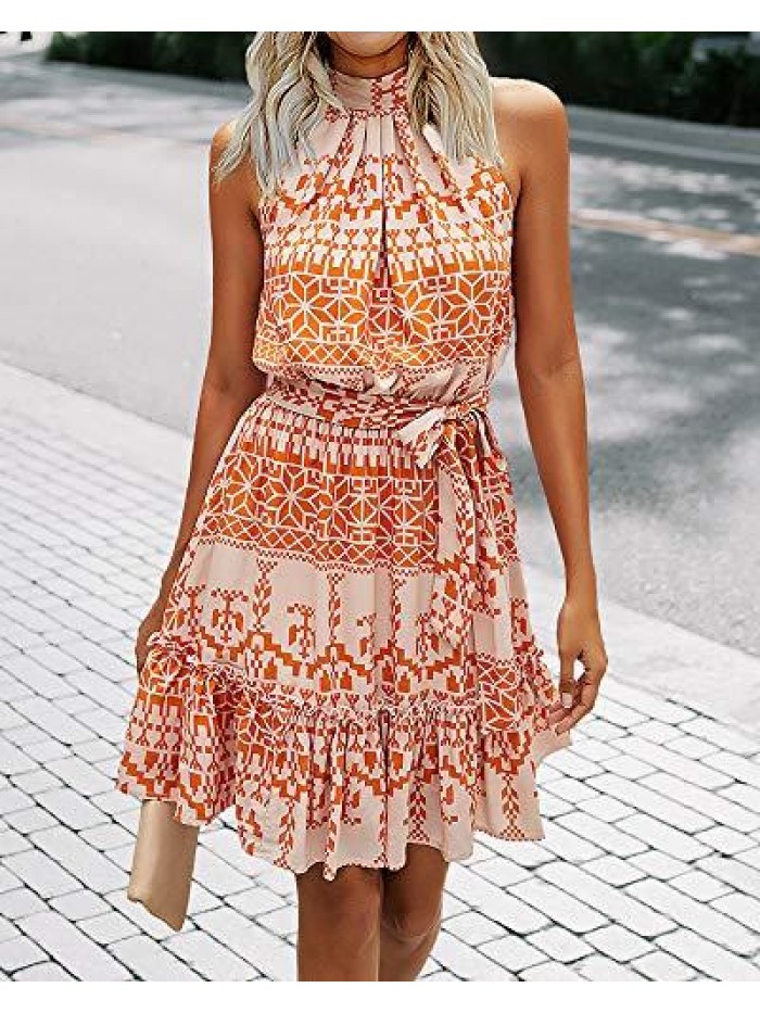Women Floral Dresses Casual Summer Sleeveless Halter Neck Ruffle Belt Boho Polka Dot Leopard Print Sun Short Dress 