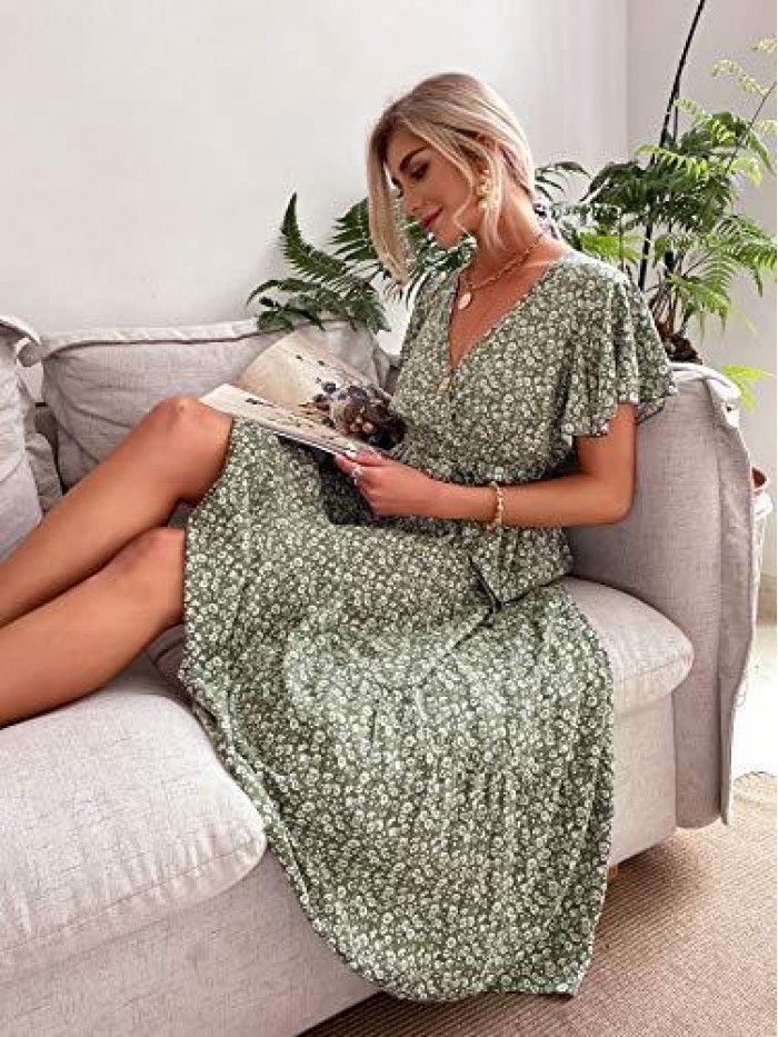 Women's Boho V Neck Floral Chiffon Dress Backless Beach Split Maxi Dress with Belt 