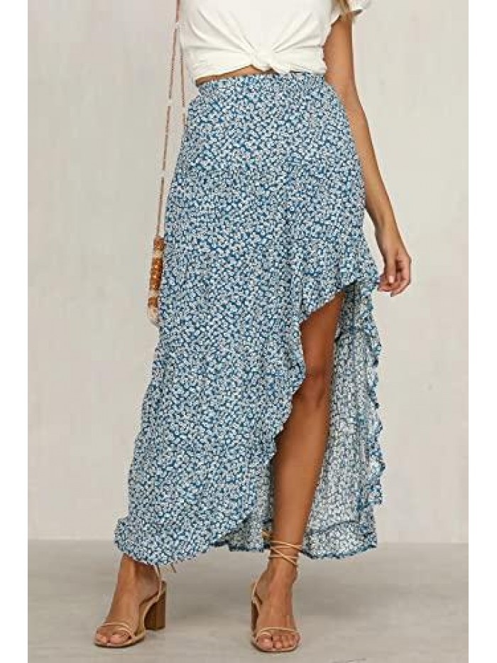 Women Boho Floral Print Long Skirt Dress Chic High Low Side Split Ruffle Hem Elastic Waist Swing Maxi Dresses 