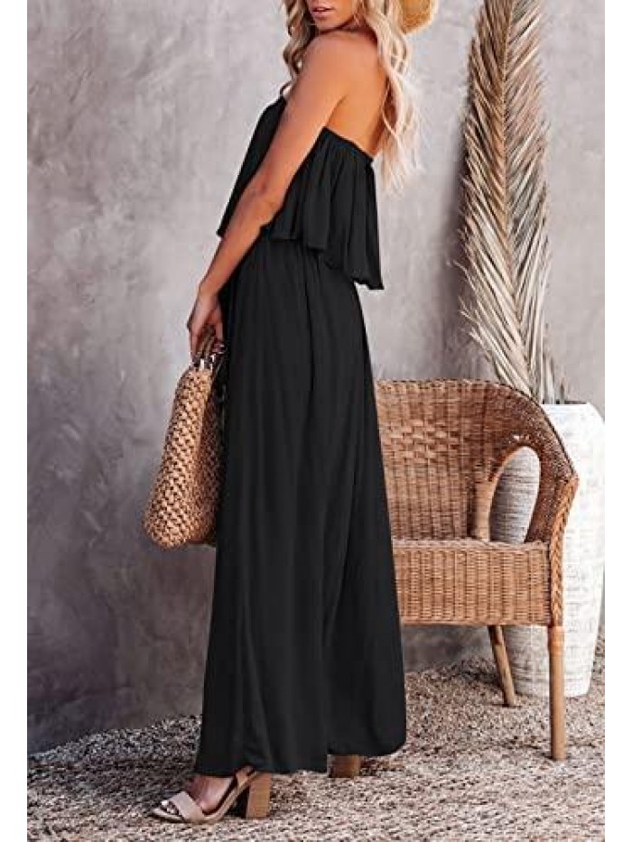 Women’s Summer Off Shoulder Ruffle Maxi Dress Strapless Split Long Party Beach Dress 