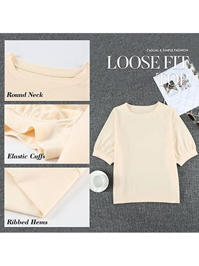 Women’s Puff Sleeves Tops Crew Neck Short Sleeves Solid Color Casual Shirts Blouses 